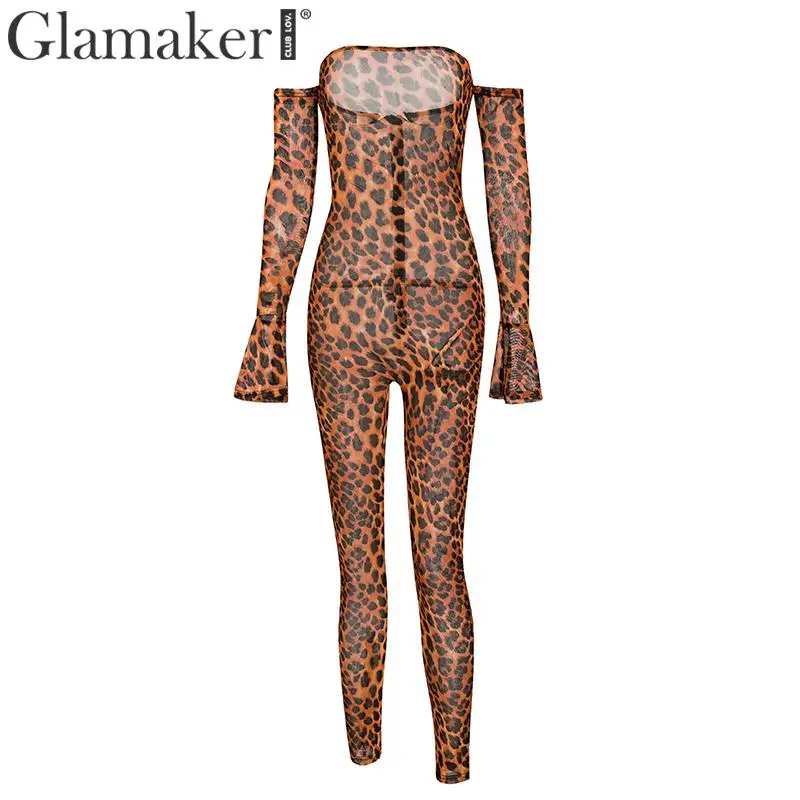 Женский прозрачный комбинезон с длинным рукавом Glamaker леопардовый открытыми