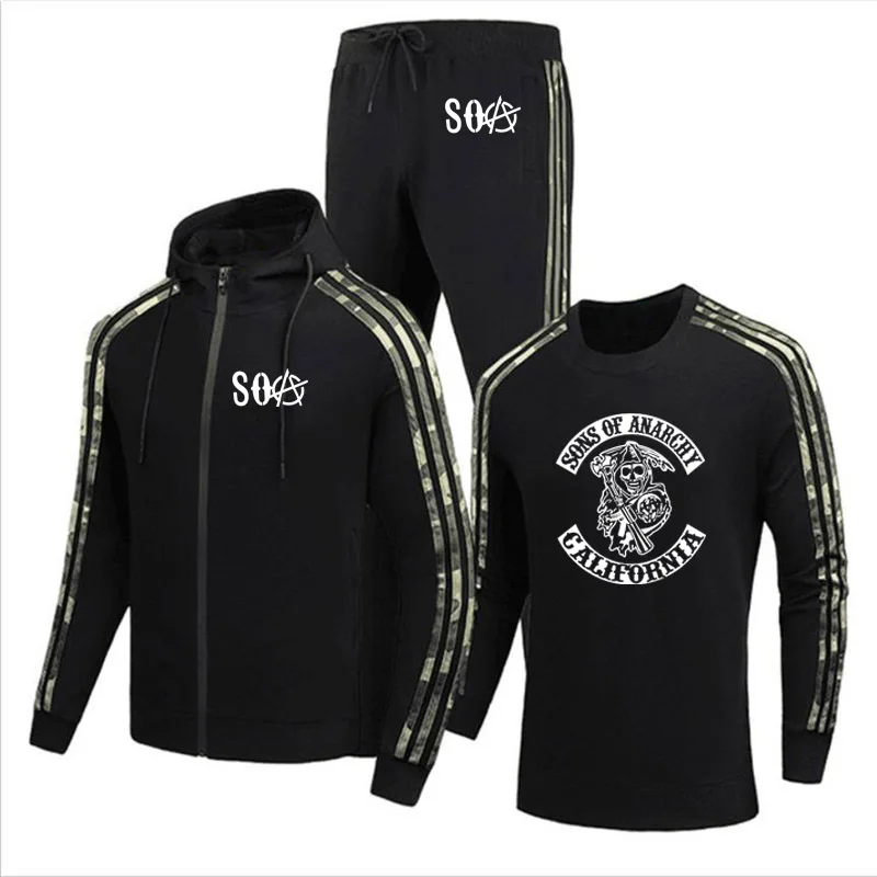 

Men's Zip Jacket SOA Sons of anarchy the child Skull Printing Spring Autumn Cotton Men's jacket+sweater+pants three-piece suit