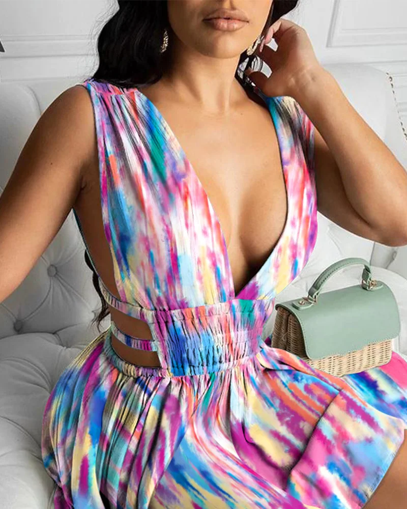 

2021 summer fashion tie-dye printed V-neck dress