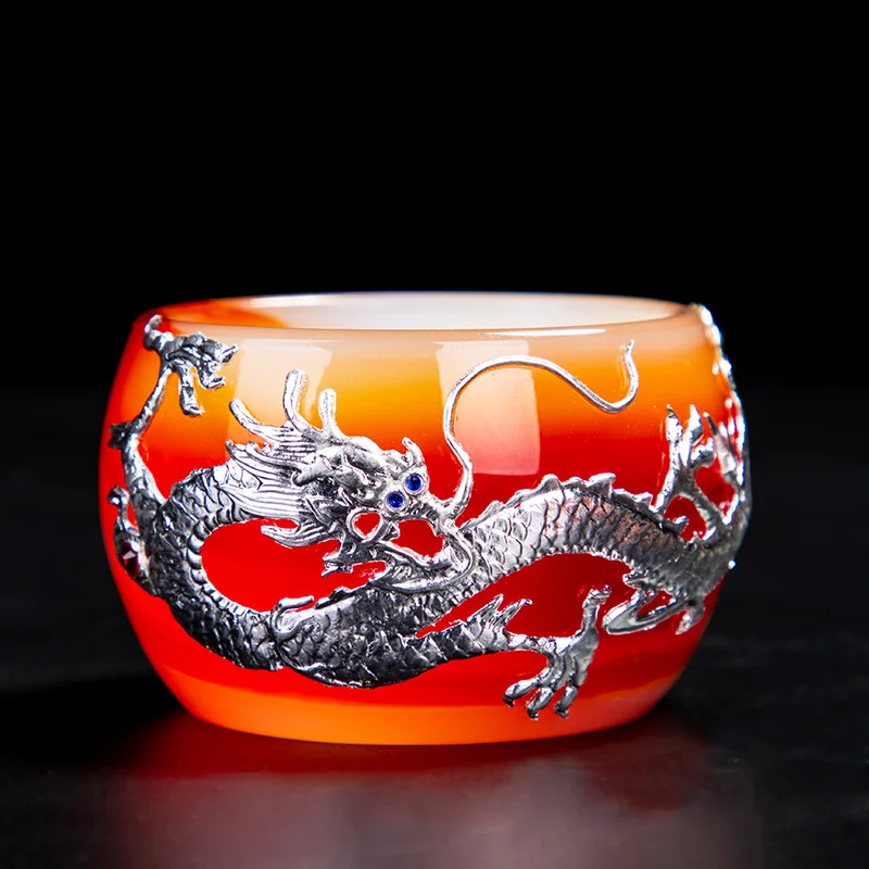 

Red Agate Pattern Jade Porcelain Teacup Silver Dragon Master Tea Cup Bowls Kung Fu Tea Set Chinese Pu'er Teaware Drinkware Gifts