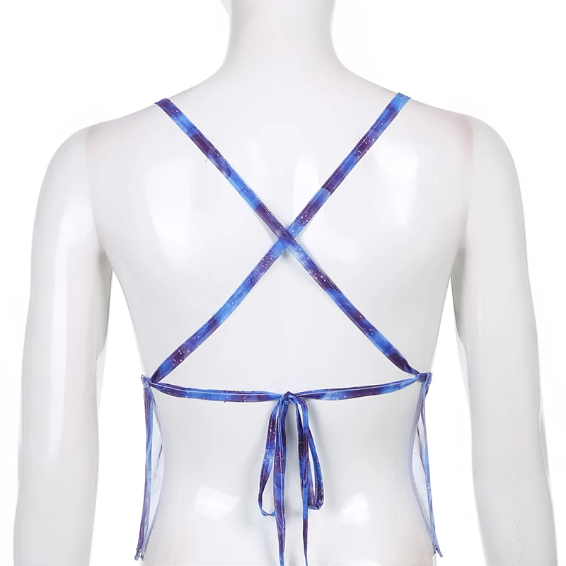 

Sweetown Blue Wave Print Mesh E Girl Crop Top Women Backless Cross Lace Up Rave Beach Outfits Deep V Neck Sexy Tanks Camis Y2K