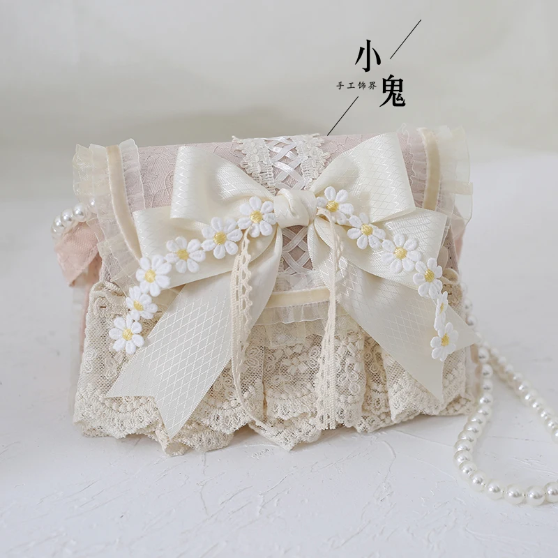 

Japanese Original Lolita Mori Girl Elegant Daisy Handbag Women Girls Student Pearl Chain Cartoon Lace Messenger bag