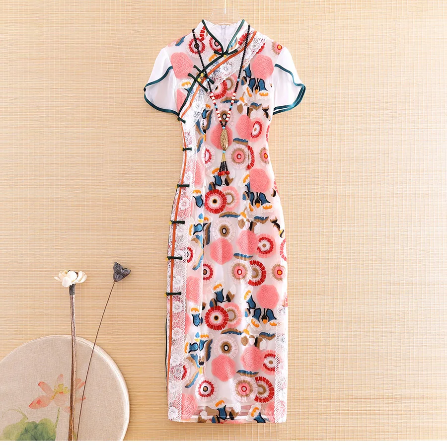 

Женское платье в китайском стиле, элегантное кружевное вечернее платье-Ципао с вышивкой в стиле ретро, лето