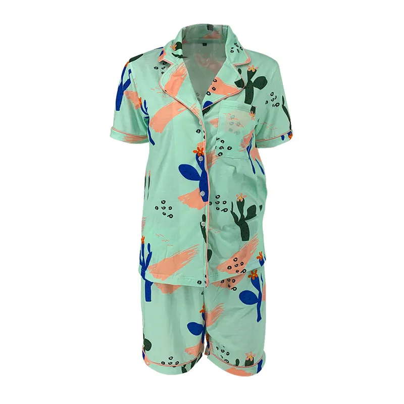 

CHRONSTYLE Sexy Women Pajama Set Sleepwear Nightwear Print V-neck Buttons Up Shirts Top Ruffle Shorts Pants Pajama Sets 2021 New