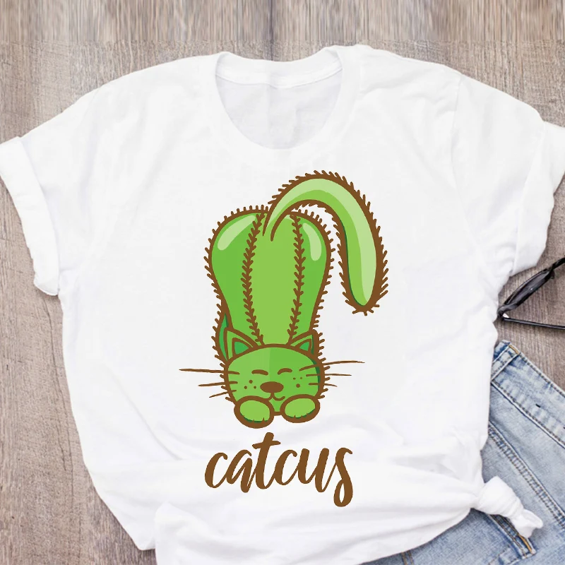 Женская футболка с рисунком кактуса кота Забавный Милый принт летняя женская