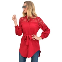 lace patchwork sexy stand collar long sleeve bandage solid color shirt women casual loose streetwear plus size tops and blouses