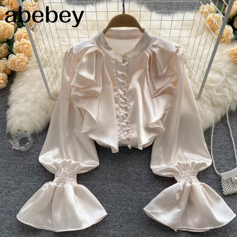 

Блузка Женская атласная с длинным рукавом, модная Свободная Повседневная однотонная офисная рубашка с оборками в стиле ретро, весна 2022