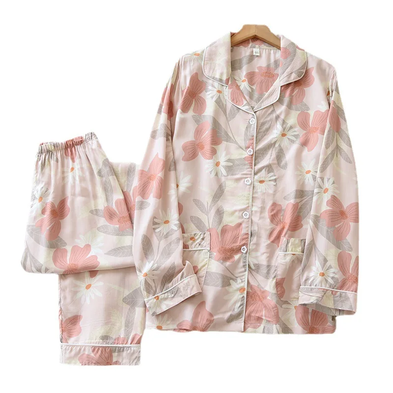 Spring and Summer New Women's Cotton Silk Pajamas Long Sleeves Trousers Pajamas Set Rayon Simple Pajamas Women's Home Wear