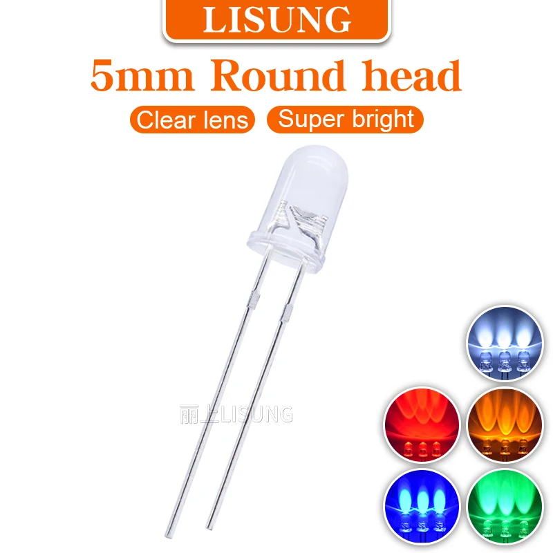 

1000Pcs/Bag Super Bright 5mm Led Diode Round Clear Lens White Green Blue Red Yellow High Luminous Through Hole Package