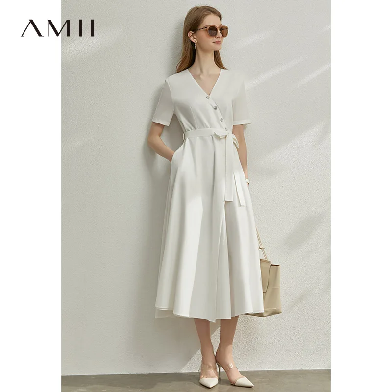AMII минимализм сезон: весна-лето V образным вырезом приталенное женское платье на