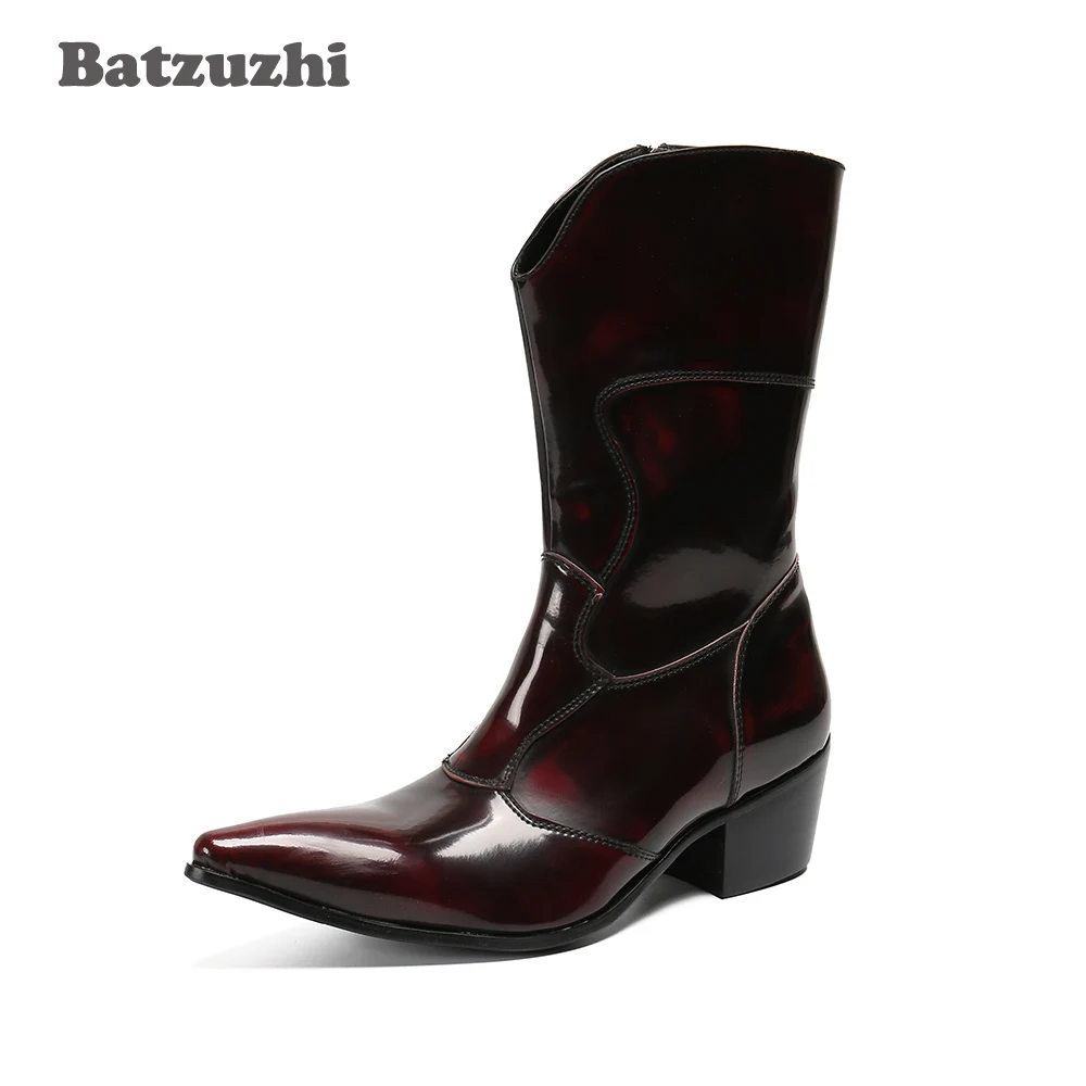 

Batzuzhi Medium-Calf Leather Boots Men Western Cowboy Men's Boots Motorcycle Botas Militares Punk Boots Men Party, Big Size 6-12