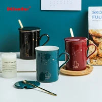 cat starry sky ceramics mug with spoon lidvintage porcelain mugflower tea set coffee cupwater milk coffee drinkware gift