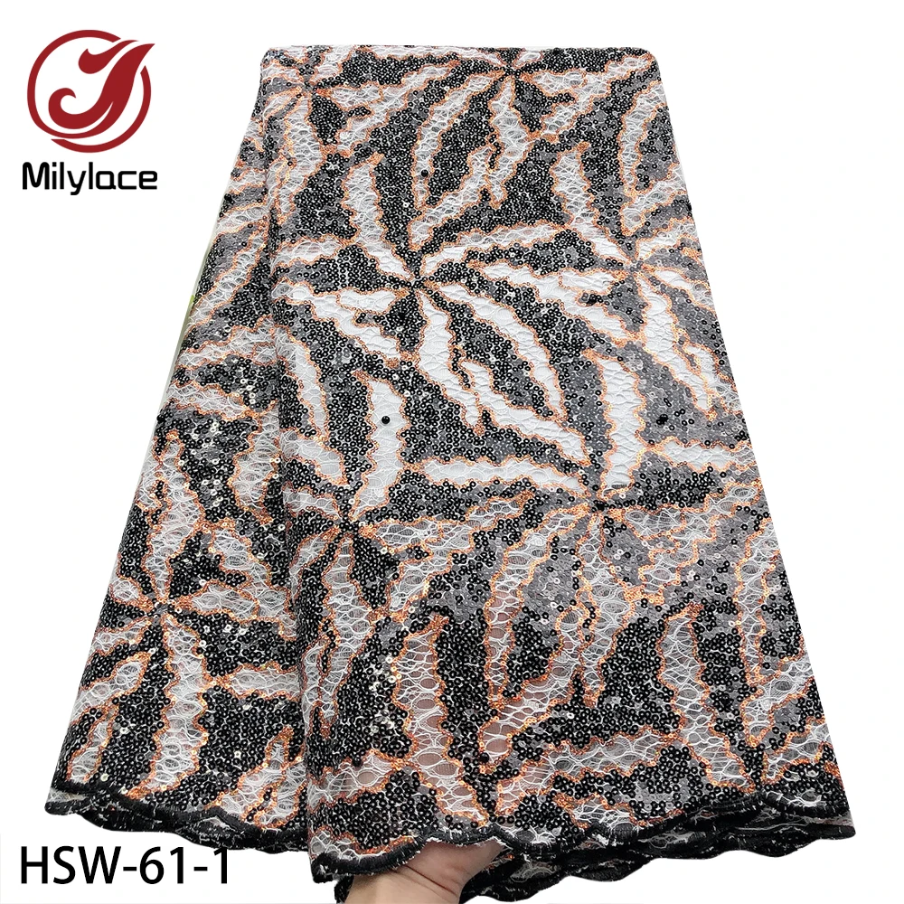 

African Sequins Net Organza Lace Fabric French Nigerian Embroidered Sequence Mesh Tulle Lace for Wedding Party HSW-61