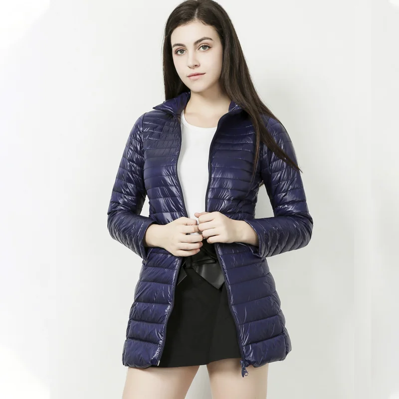 Dark blue Stand S-7XL, Женская куртка, длинный пуховик с капюшоном, верхняя одежда размера плюс, ультралегкий пуховик, осенне-зимняя куртка, повседневное теплое пальто, YD-12 - Цвет: Dark blue Stand
