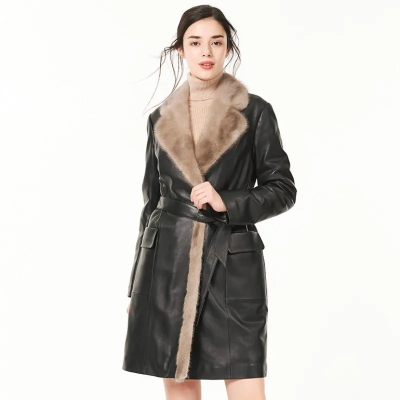 

Luxury Winter Women Long Overcoat Belted Real Mink Fur Collar Down Jacket Slim Fit Coat Ladies Sheepskin Genuine Leather Jacket