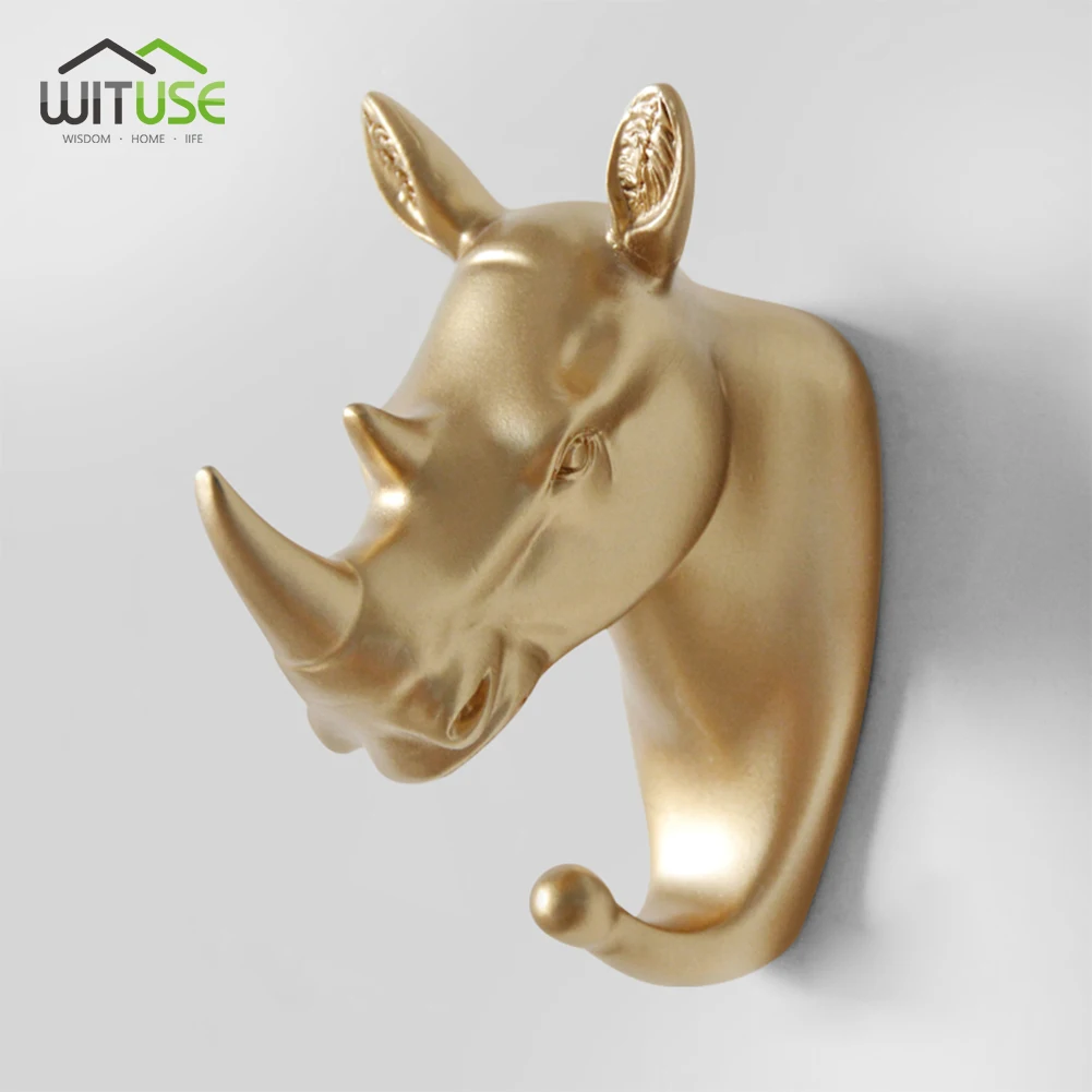 Gold Rhinoceros 3D настенный крючок для ключей, стойка для ключей, олень, голова животного, рога, смола, для дома, подвесная одежда, шляпа, вешалки для шарфа, украшение для дома, гостиной - Цвет: Gold Rhinoceros