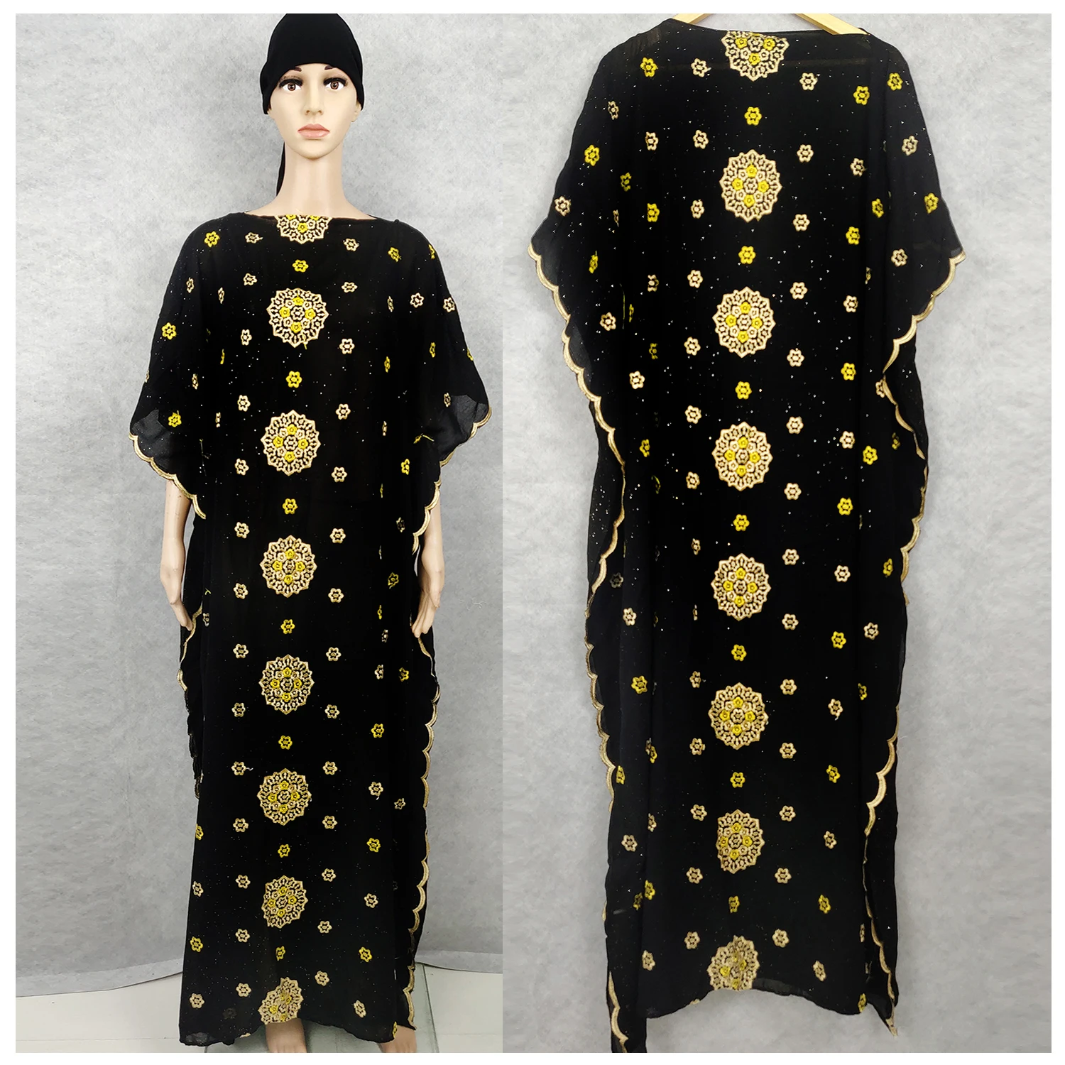 

Africain Femme Kaftan Maxi Dress Abaya Dubai Dashiki Golden Embroidery Black Long Robe Islamic Africa Plus Size Clothing GH513