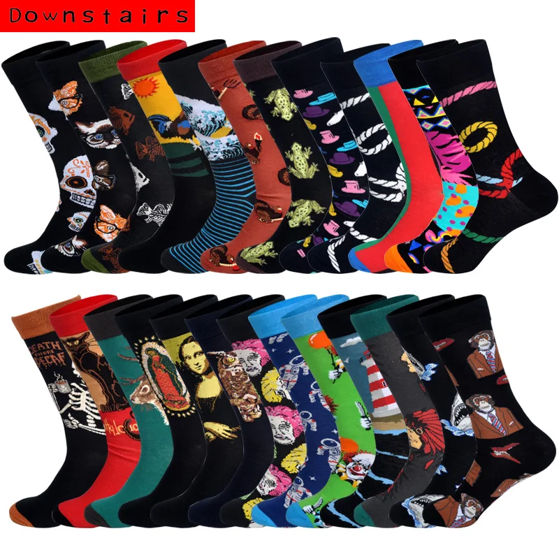 Внизу уличная одежда счастливые мужские носки в бритишском стиле хип-хоп Акула Эйнштейна Иисуса животного художественный дизайнер для мужчин Compressie Sokken Meias