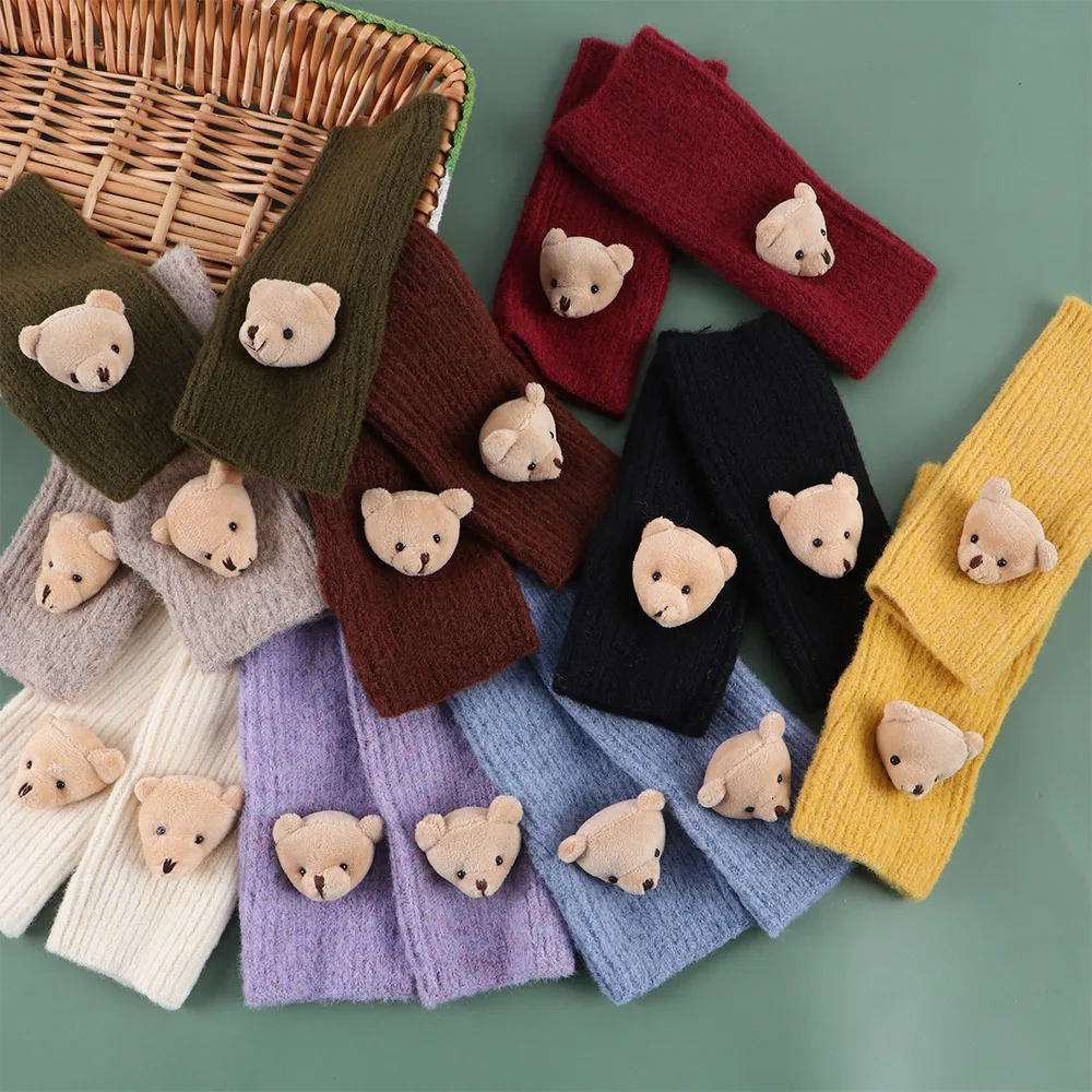 

Cute Fingerless Wool Knit Bear Gloves Female Autumn Winter Driving Writing Half-finger Keep Warm Gloves