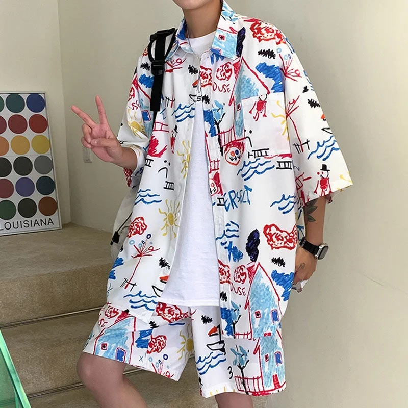 

Hawaiian Mens Printing Set Short Sleeve Summer Casual Floral Shirt Beach Two Piece Suit 2021 New Fashion Men Sets M-3XL