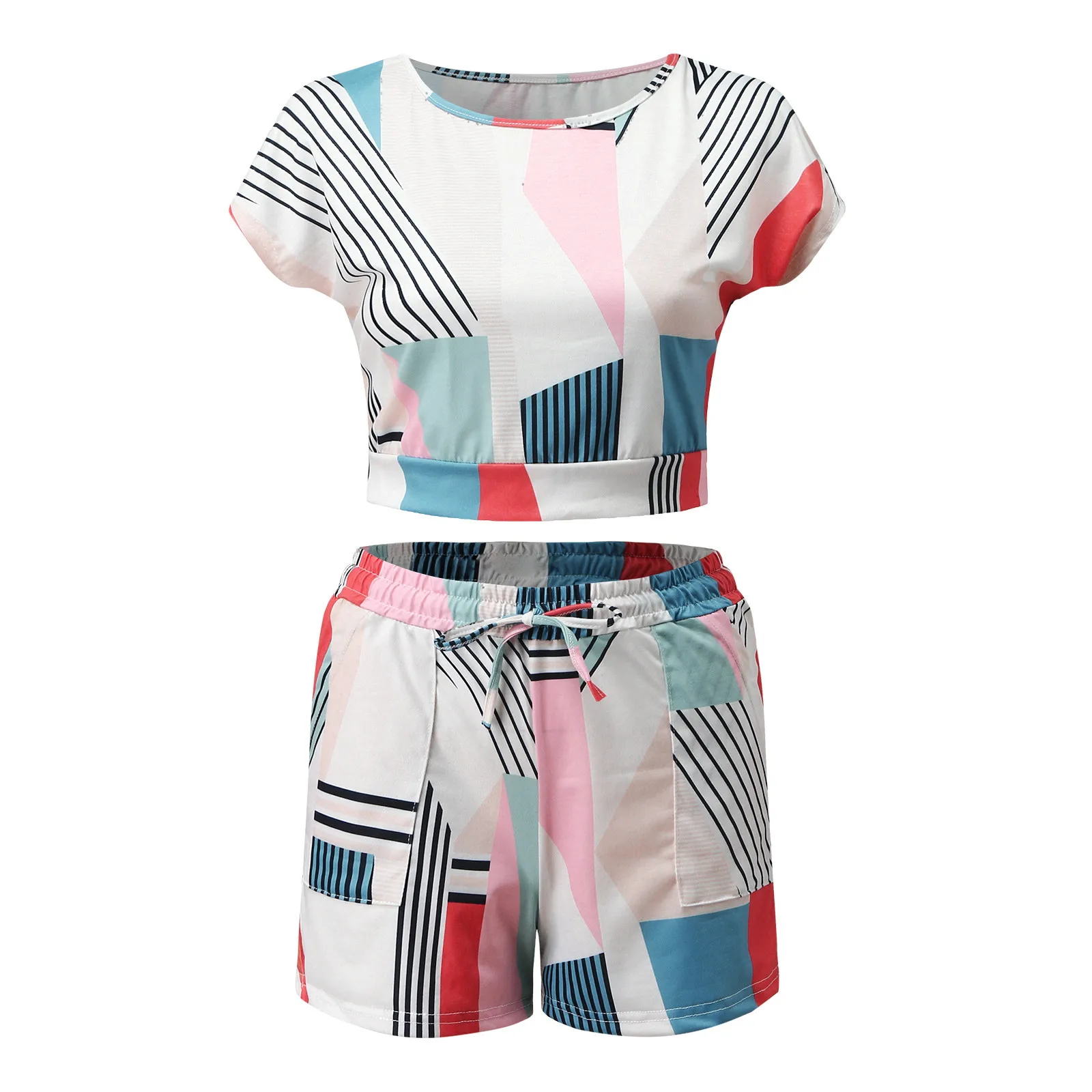 

2021 Summer Women Casual Shorts Sets Printing Sleeveless Vest Crop Tops Drawstring Shorts Two-piece Suit