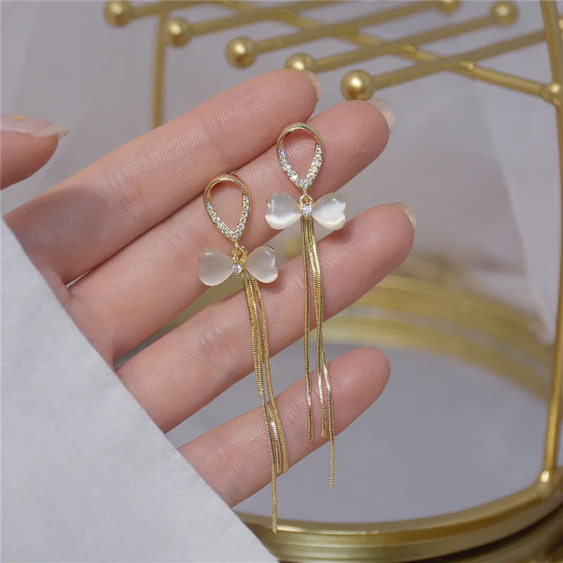 

Ins Hot Sale 14K Real Gold Opal Bow Long Tassel Temperament Stud Earrings for Women Cubic Zircon ZC Earrings Girl gift