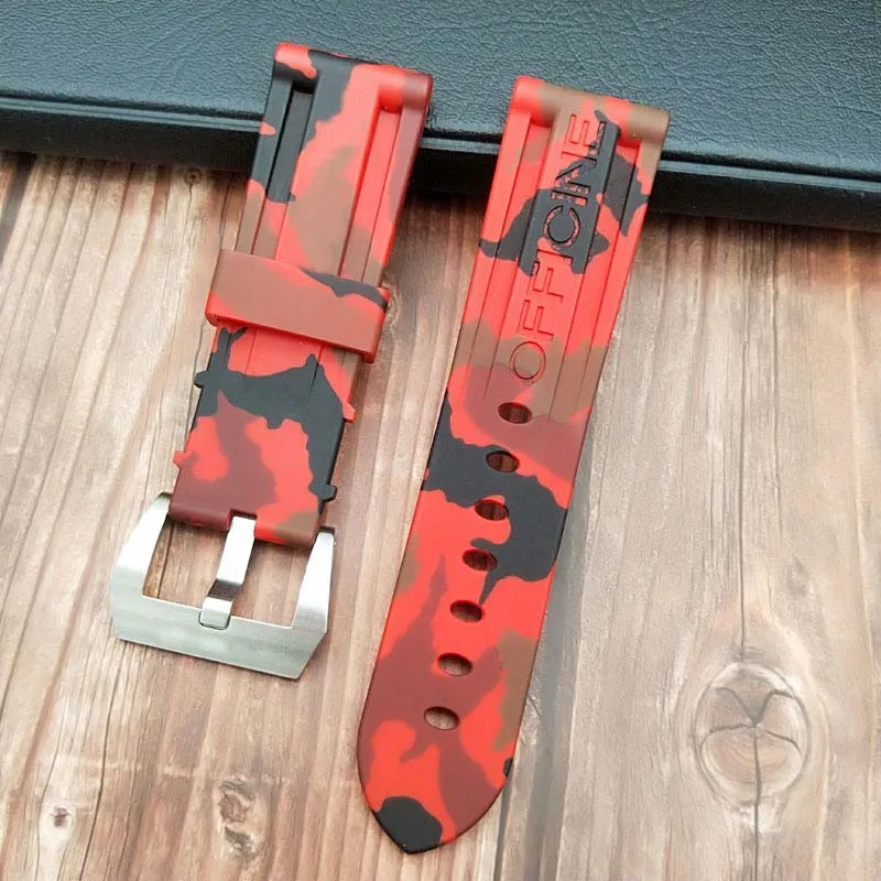 24camo RED SLV 24 мм 26 мм черный белый оранжевый Камуфляж красный синий зеленый серый мягкий водостойкий резиновый ремешок для часов для panerai ремень, булавка, пряжка бесплатный инструмент - Цвет ремешка: 24camo RED SLV