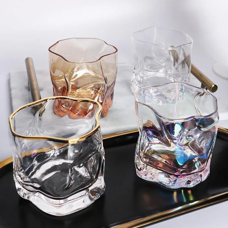 

275ml Irregular Whiskey Wine Cup Shot Glass Transparent Cup Crystal Gilded Glass Cup For Vodka Bar Club Beer Wine Glass For Gift