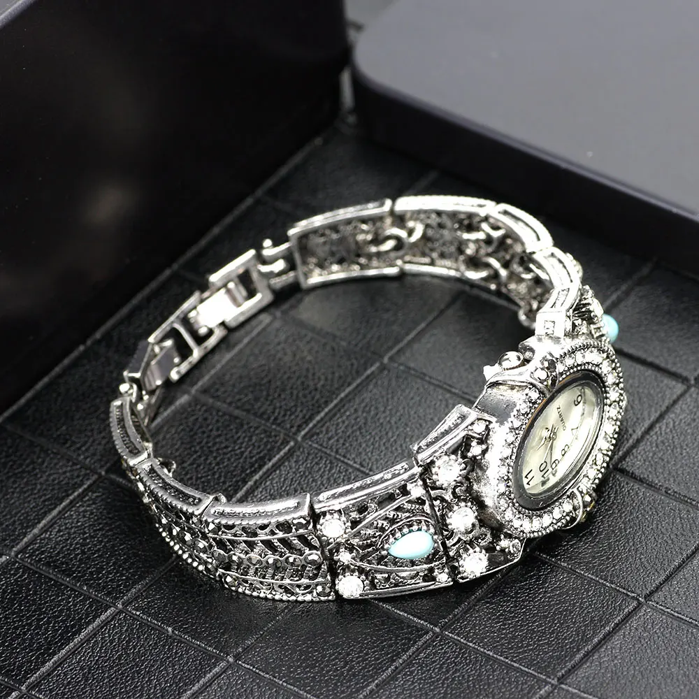 Sunspicems Indian Women Cuff Bracelet Wrist Bangle Watch Oval Watchcase Vintage Silver Color Rhinestone Elegant Festival Gift