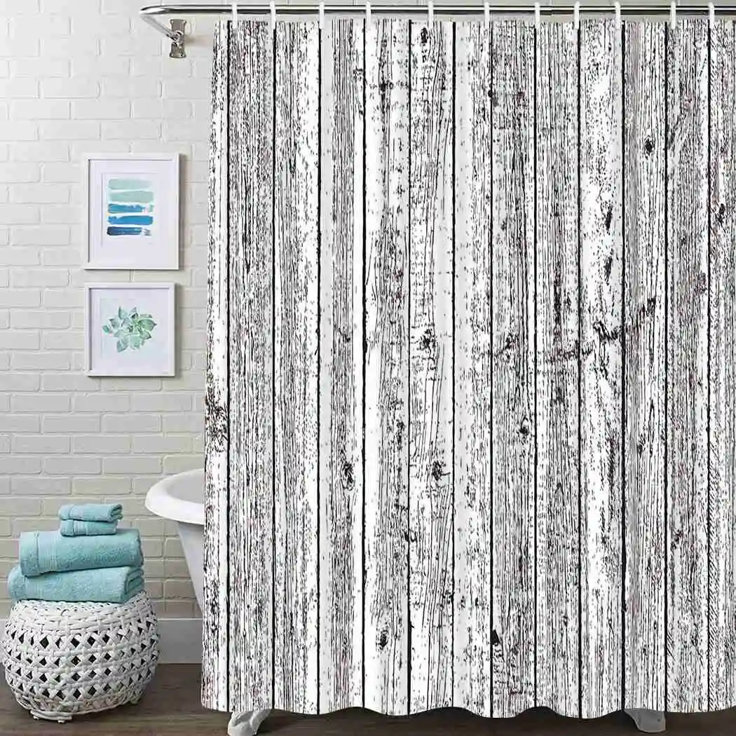 Душевая занавеска с деревянными досками водонепроницаемая тканевая для душа