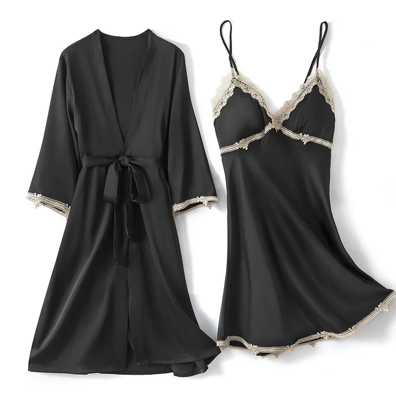 

Women Nightwear Casual Bathrobe Gown Summer New Kimono Robe Set Lace Sexy Intimate Lingerie Burgundy Loose 2PCS Sleepwear