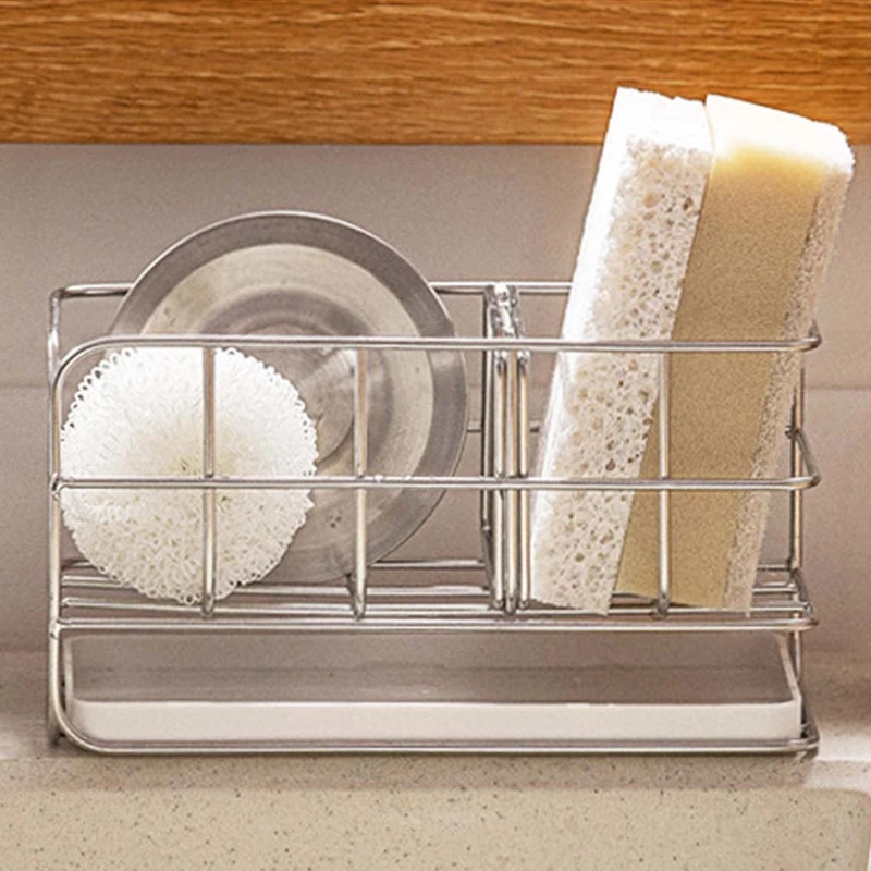 

Countertop Wall Mounted Sponge Holder Soap Drain Storage Rack Tray Kitchen Shelf 94PF