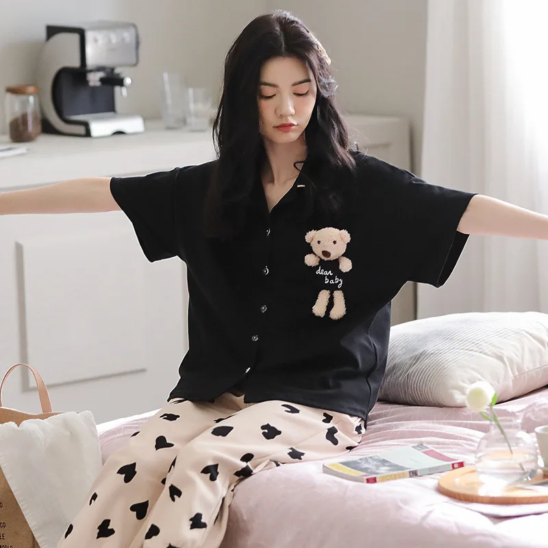 

Summer Short Sleeve Trousers Pajamas Women's Cardigan Pure Cotton Leisure Korean Home Suit Lycra Clothing nighty
