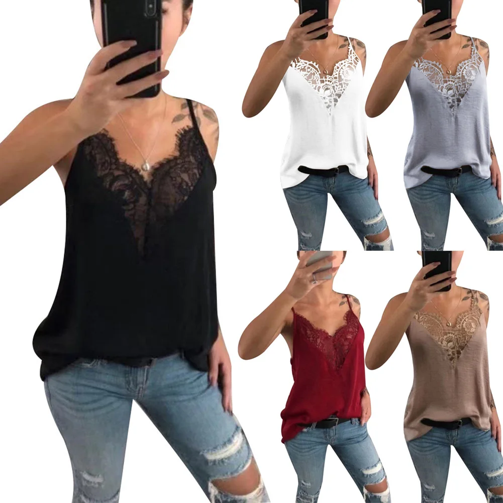 

Новое поступление, женский кружевной жилет без рукавов, топы на бретельках, летние повседневные свободные однотонные топы с v-образным выре...