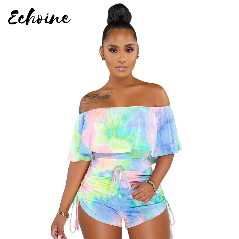 

Echoine Для женщин секси галстук краситель костюм с принтом оборки Слэш шеи с открытыми плечами облегающее летние шорты, сексуальное нижнее бе...