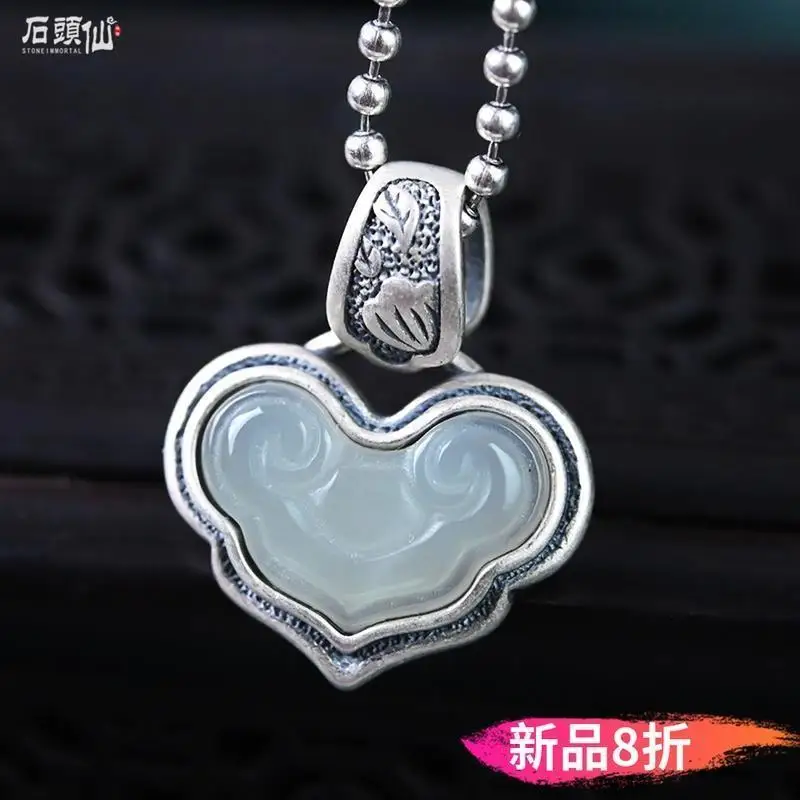

S925 Sterling Silver Pendant Women's Retro Retro Ethnic Style Ruyi Hetian Jade National Style Original Cool Necklace Pendant
