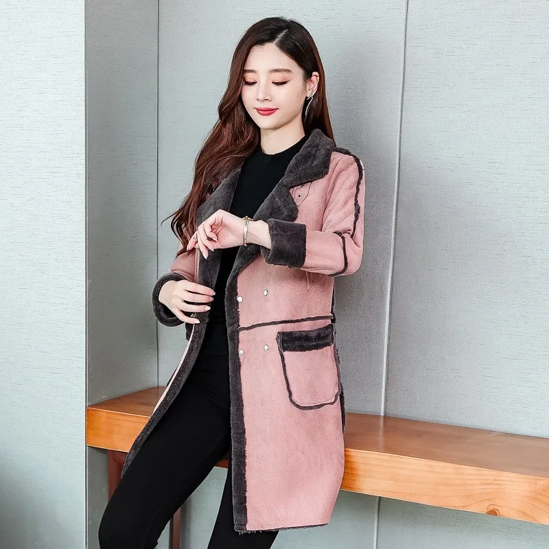 

Fashion Lambswool Women New Suede Single Breasted Sweet Pink Coat Female Winter Shearling Long Sleeve Outerwear M-3XL