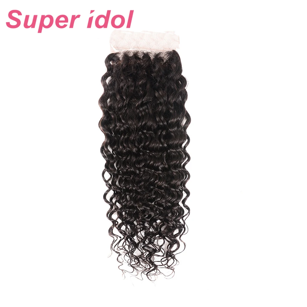 HD Transparent Swiss lace Brazilian remy human hair Water Wave 4X1 Lace Closure  hair Natural black Pre-Plucked with Baby Hair