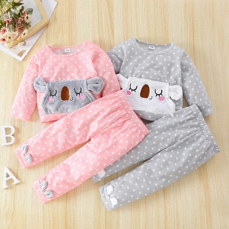 

Baywell 2Pcs Kids Baby Girl Clothes Set Autumn Spring Polka Dot Cartoon Koala Top Pants Home Wear Toddler Children Clothing
