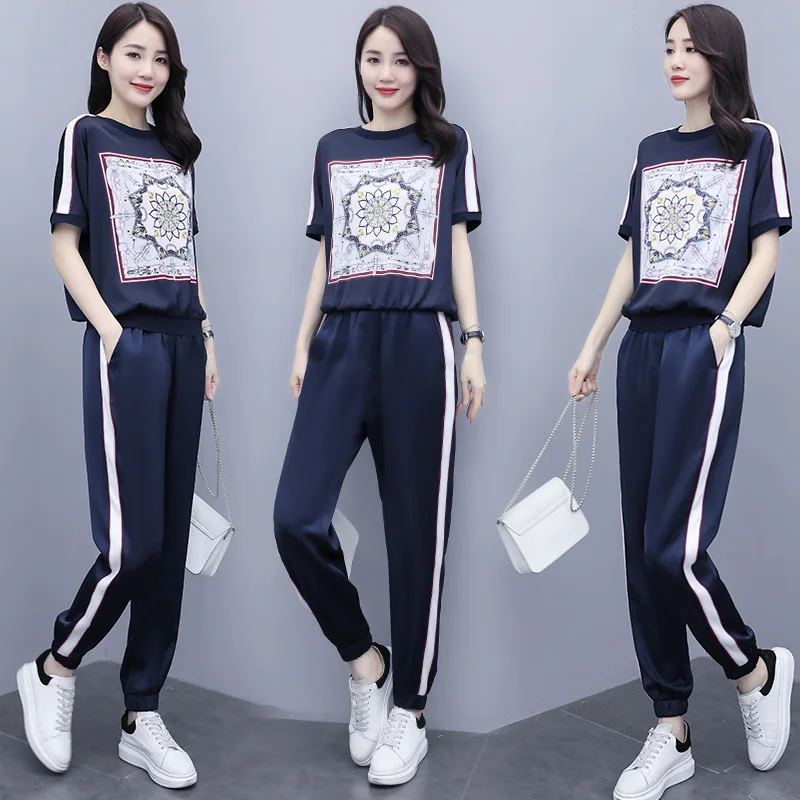 Модный осенний Женский комплект из 2 предметов топ с короткими рукавами и принтом