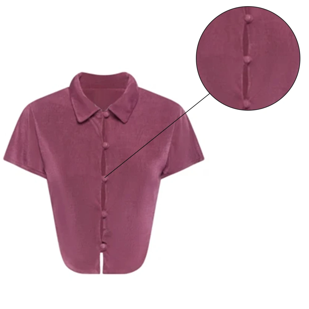 

Retro Single Breasted Cropped T-Shirt Women Summer Turn-down Collar Short Tops Sexy Slim Solid Ladies Shirt Crop Top Party Wear