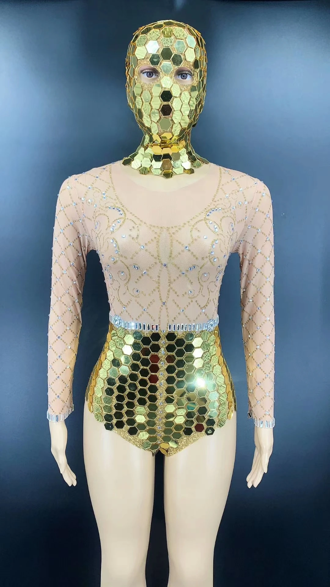 IFox Gold Sequined Beading Mesh See Through Jumpsuit for Women 2020 Fashion O Neck Long Sleeve Slim Women Stage Costume