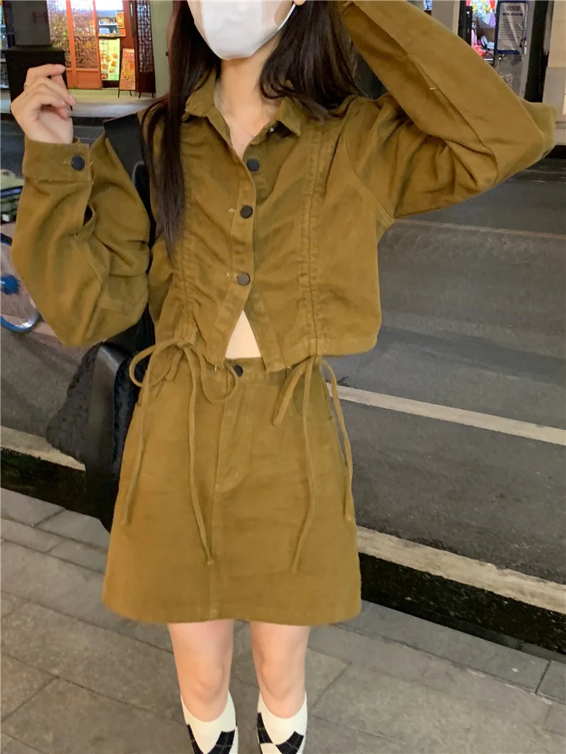 Женская короткая рубашка на шнуровке осенний костюм для стрельбы юбка с высокой