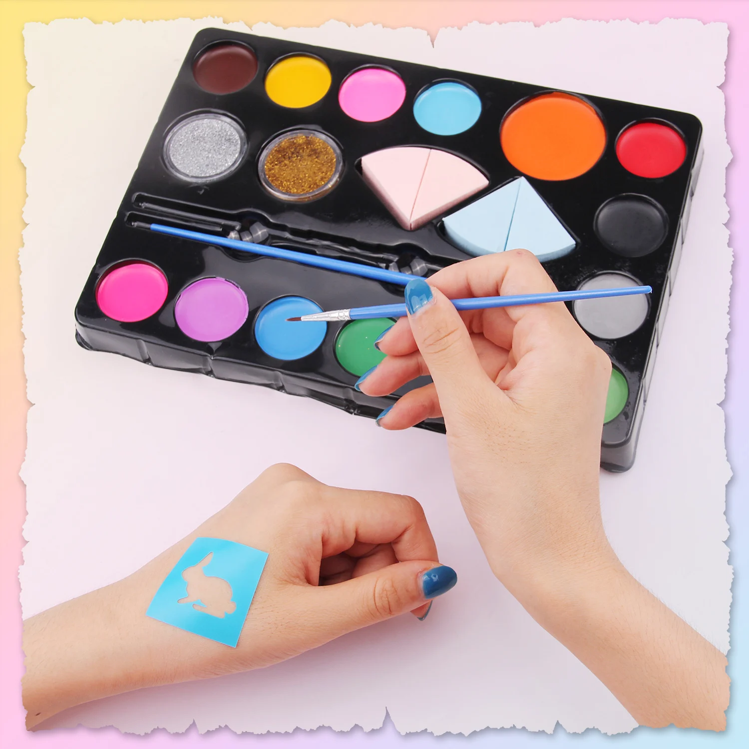 Набор для нанесения краски лица 14 цветов 2 блеска кисти 4 губки 9 трафаретов