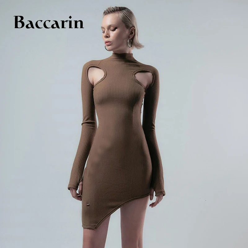 

Baccarin Ribbed Stripe Hollow Out Women Irregular Mini Dress Long Sleeve Bodycon Sexy Streetwear 2020 Autumn Club Party Elegant