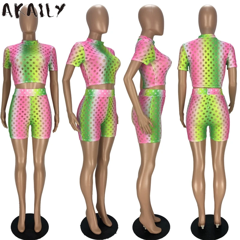 

Akaily Summer Tie Dye Print 2 Two Piece Sets Womens Streetwear Matching Sets Female Hollow Out Stand Collar Crop Top Shorts Sets