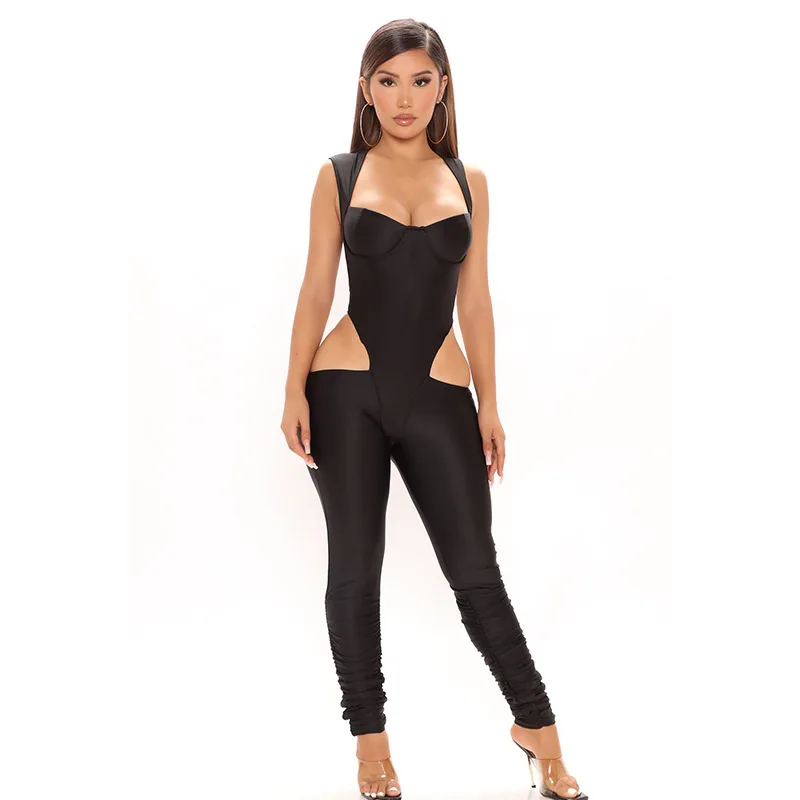 

Sexy Party Club Jumpsuit Summer 2021 Square Collar Sleeveless Hollow Out Zipper Bodycon Rompers Overalls Women Streetwears