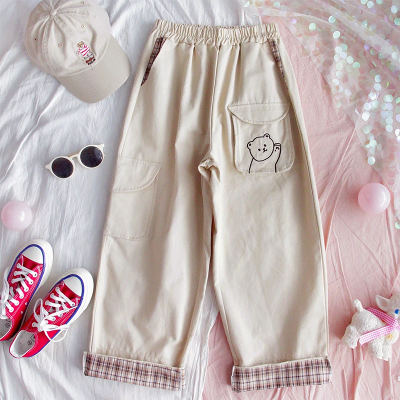 Женские милые брюки весна и осень маленькие свежие с вышитым медведем клетчатые