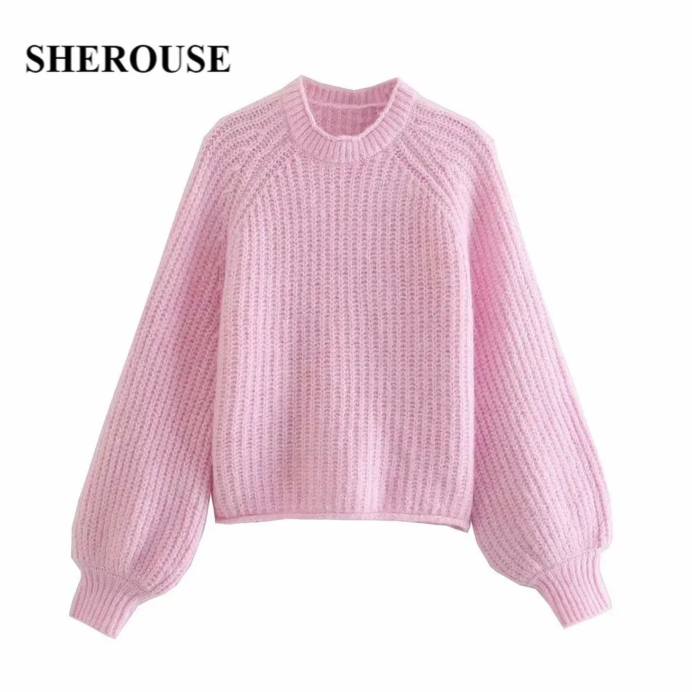 

SHEROUSE Fashion Women Pink Knit Sweater Top Long Puff Sleeves O-Neck Vintage Knitted Sweaters Pullover Woman Chic Tops