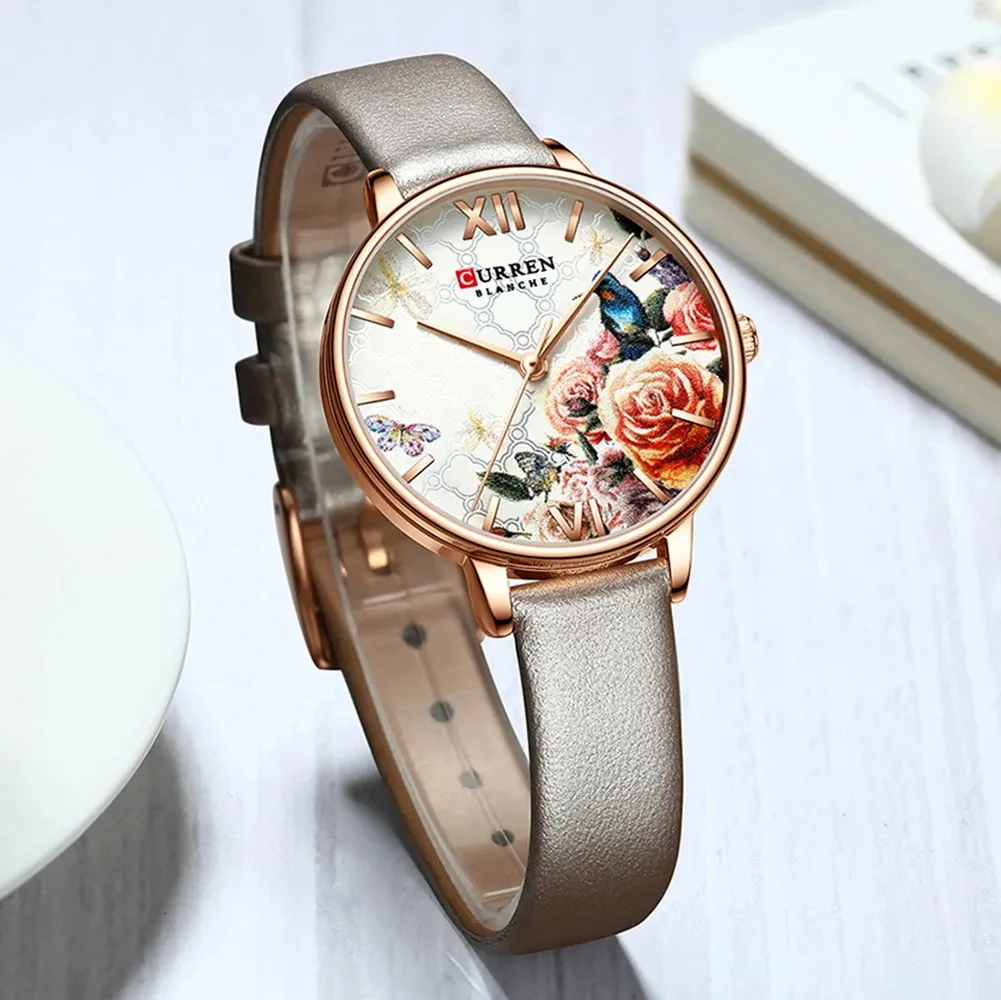 

CURREN Woman Watch Classical Flower Dial Leather Wristwatch Women's Quartz Watches